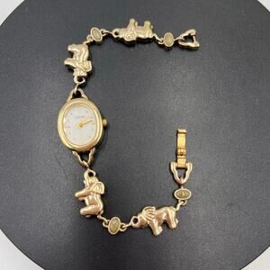 Lenox Vintage Sterling Silver Vermeil Elephant Trunk Up Jade Cabochon Watch 6.5”